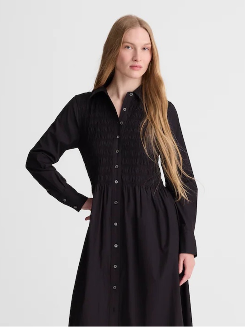 NWT Madewell Black Smocked Midi Shirtdress in Cotton Poplin w/ Pockets, NZ382, S